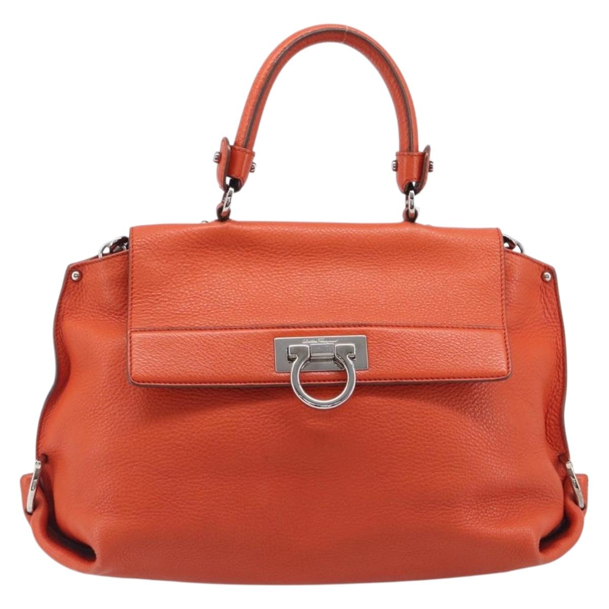 Salvatore Ferragamo Sofia Gancini Bag Leather 2way Orange Silver Auth BA16681A