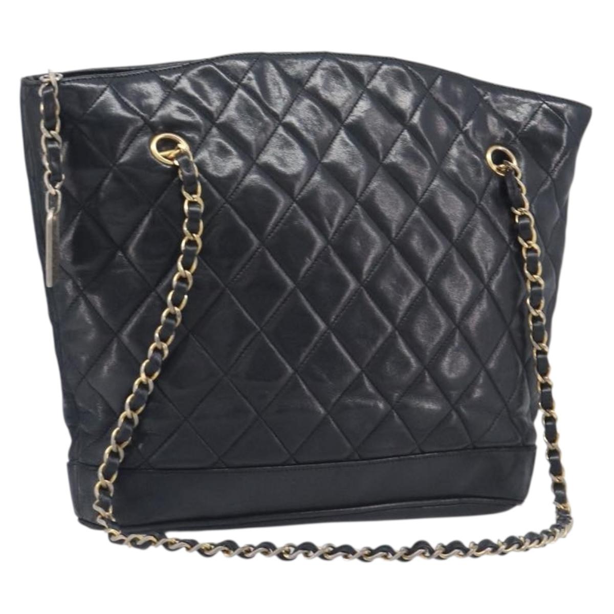 CHANEL Matelasse Chain Shoulder Bag Lamb Skin Black Gold CC Auth BA16693