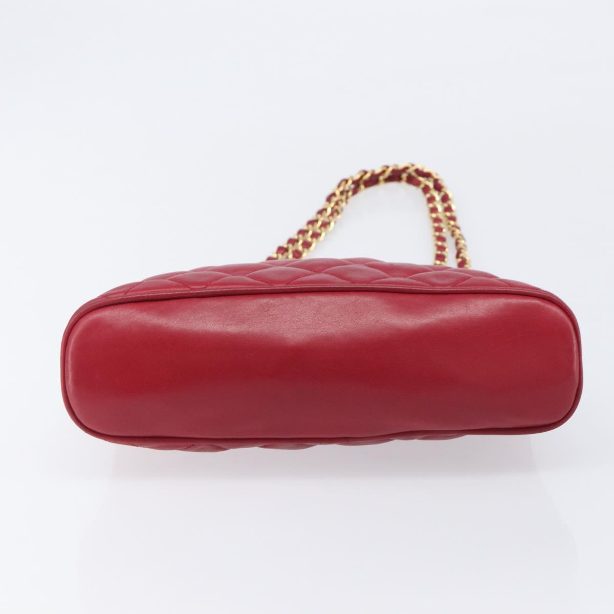 CHANEL Matelasse Chain Shoulder Bag Lamb Skin Red Gold CC Auth BA16694