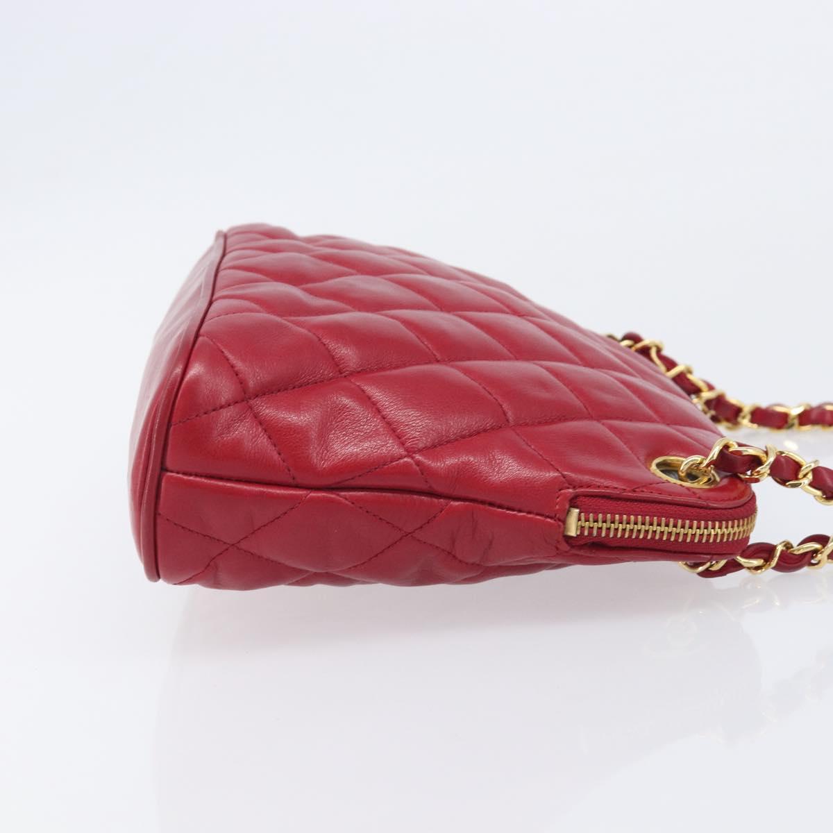 CHANEL Matelasse Chain Shoulder Bag Lamb Skin Red Gold CC Auth BA16694
