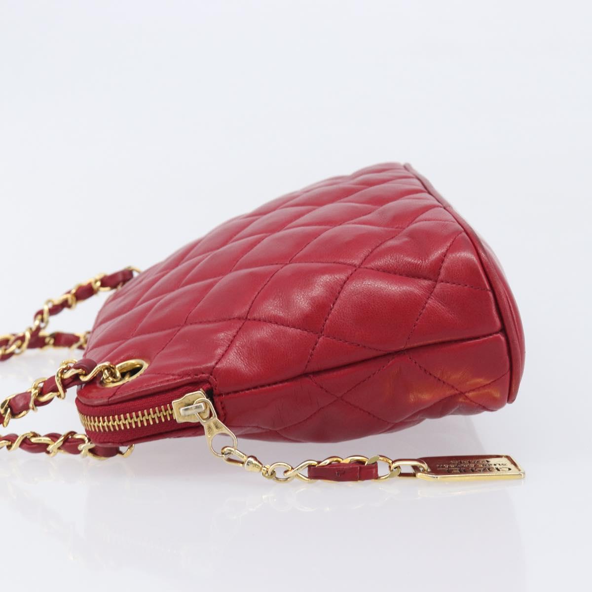 CHANEL Matelasse Chain Shoulder Bag Lamb Skin Red Gold CC Auth BA16694