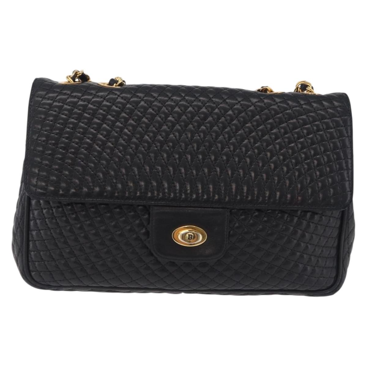 Bally Chain Shoulder Bag Leather Black Gold Auth BA16698