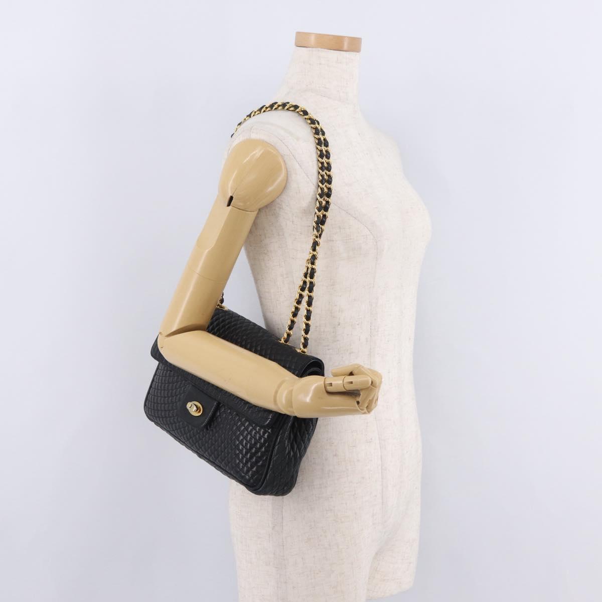 Bally Chain Shoulder Bag Leather Black Gold Auth BA16698