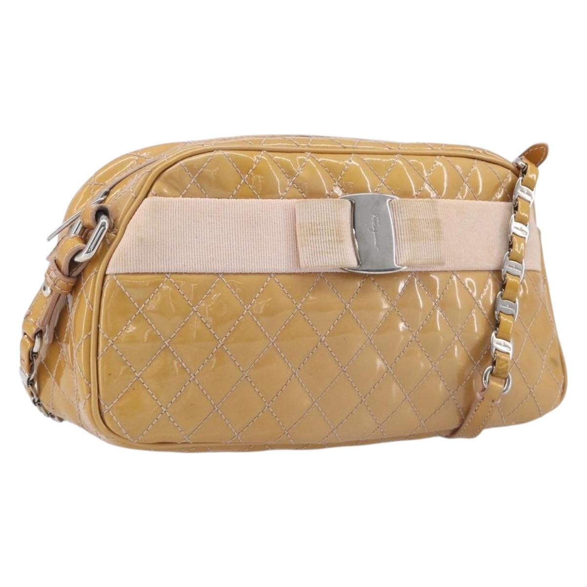 Salvatore Ferragamo Vala Shoulder Bag Patent Leather Beige Silver Auth BA16722