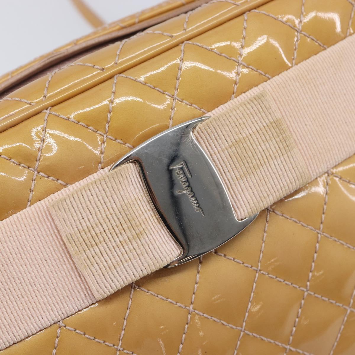 Salvatore Ferragamo Vala Shoulder Bag Patent Leather Beige Silver Auth BA16722