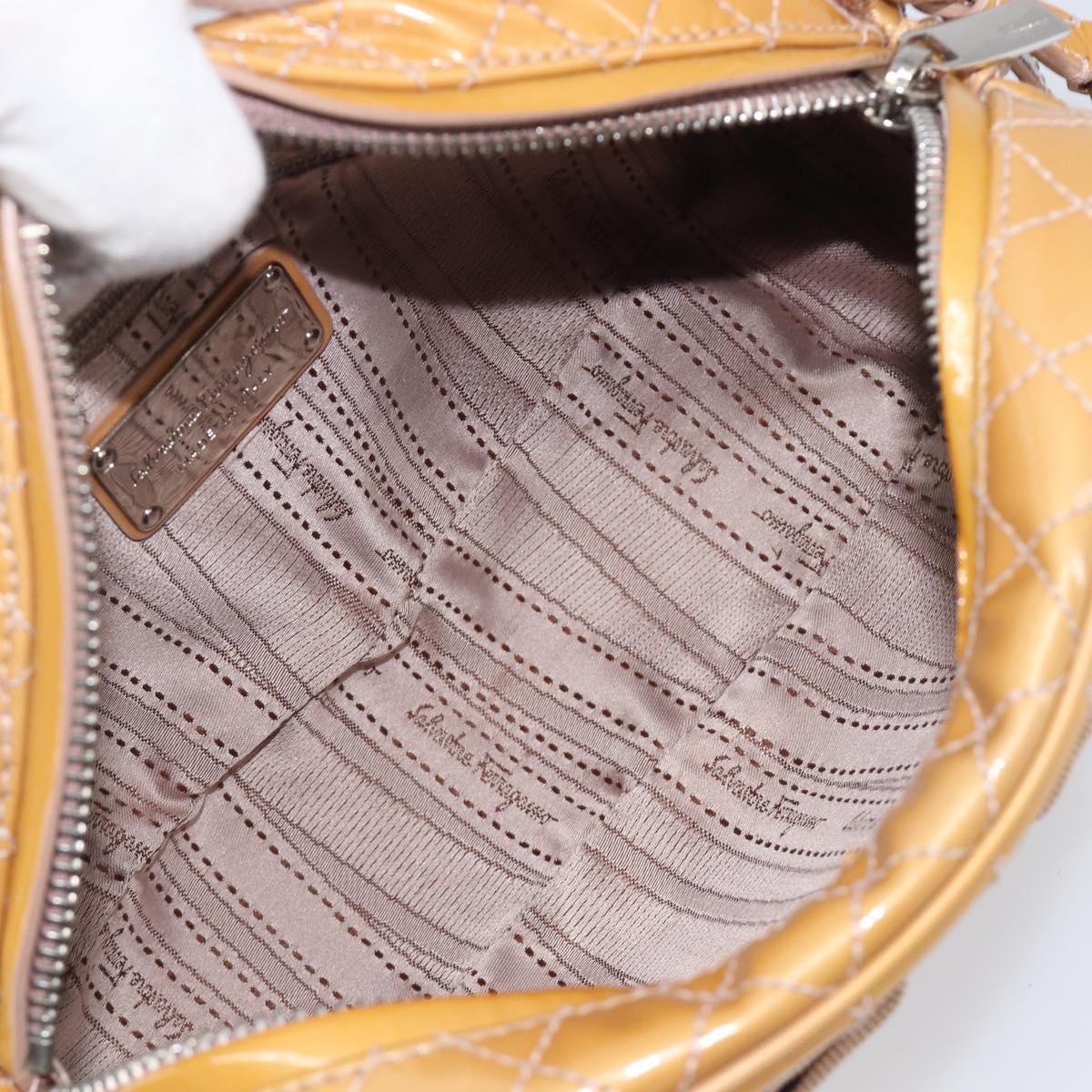 Salvatore Ferragamo Vala Shoulder Bag Patent Leather Beige Silver Auth BA16722