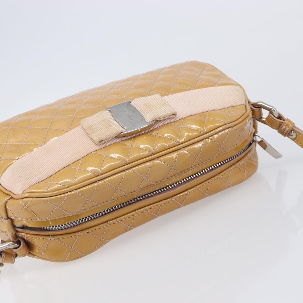 Salvatore Ferragamo Vala Shoulder Bag Patent Leather Beige Silver Auth BA16722