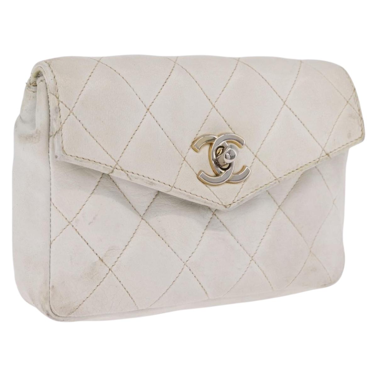 CHANEL Matelasse Waist Bag Lamb Skin White Gold CC Auth BA16757