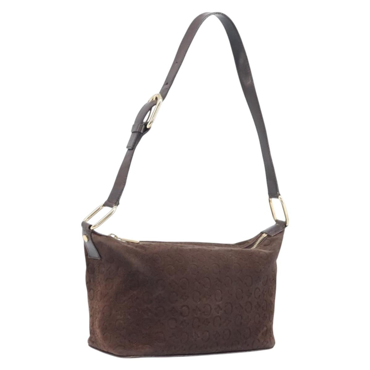 CELINE C Macadam Canvas Shoulder Bag Suede Brown Gold Auth BA16764