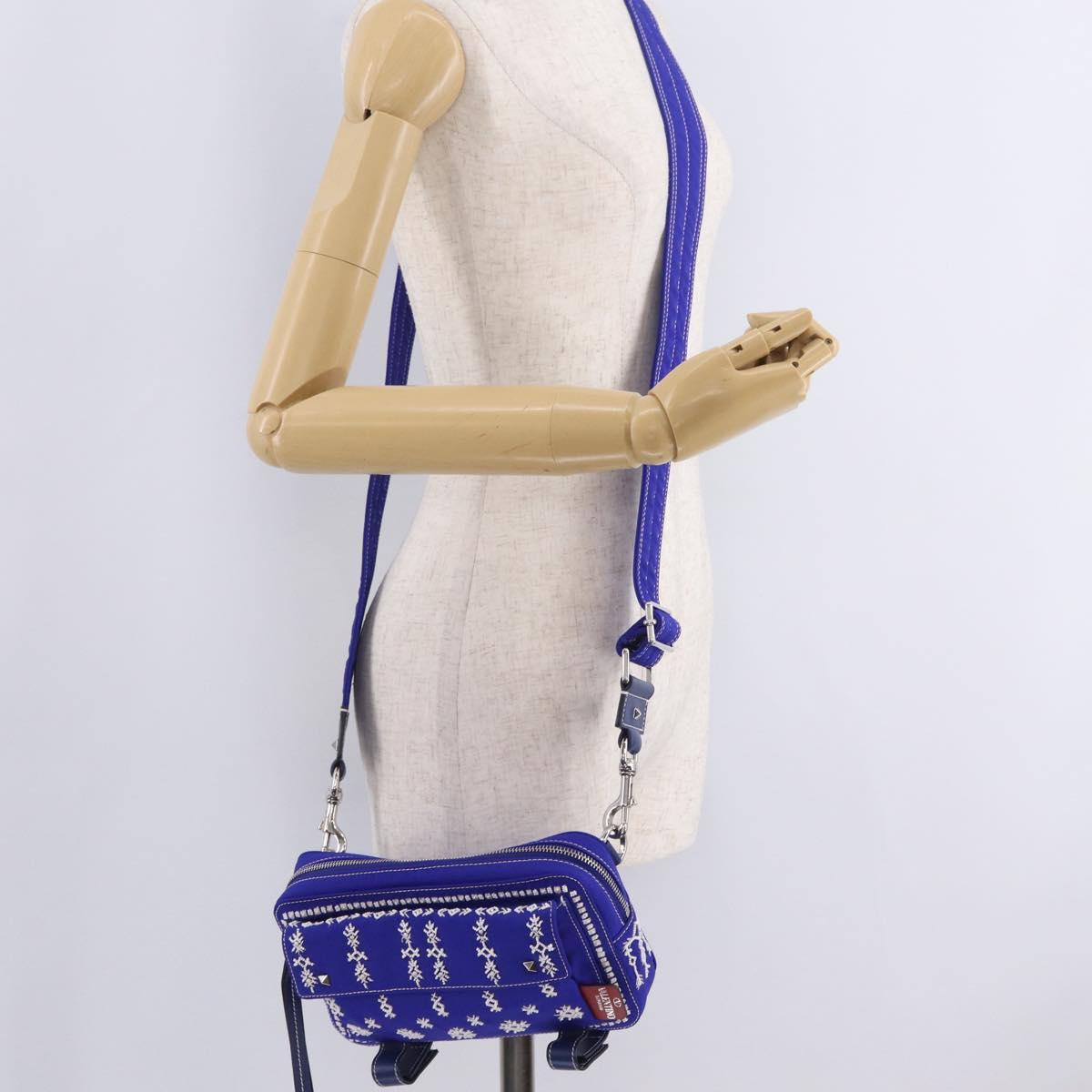 Valentino Shoulder Bag Canvas Blue Silver Auth BA16778V