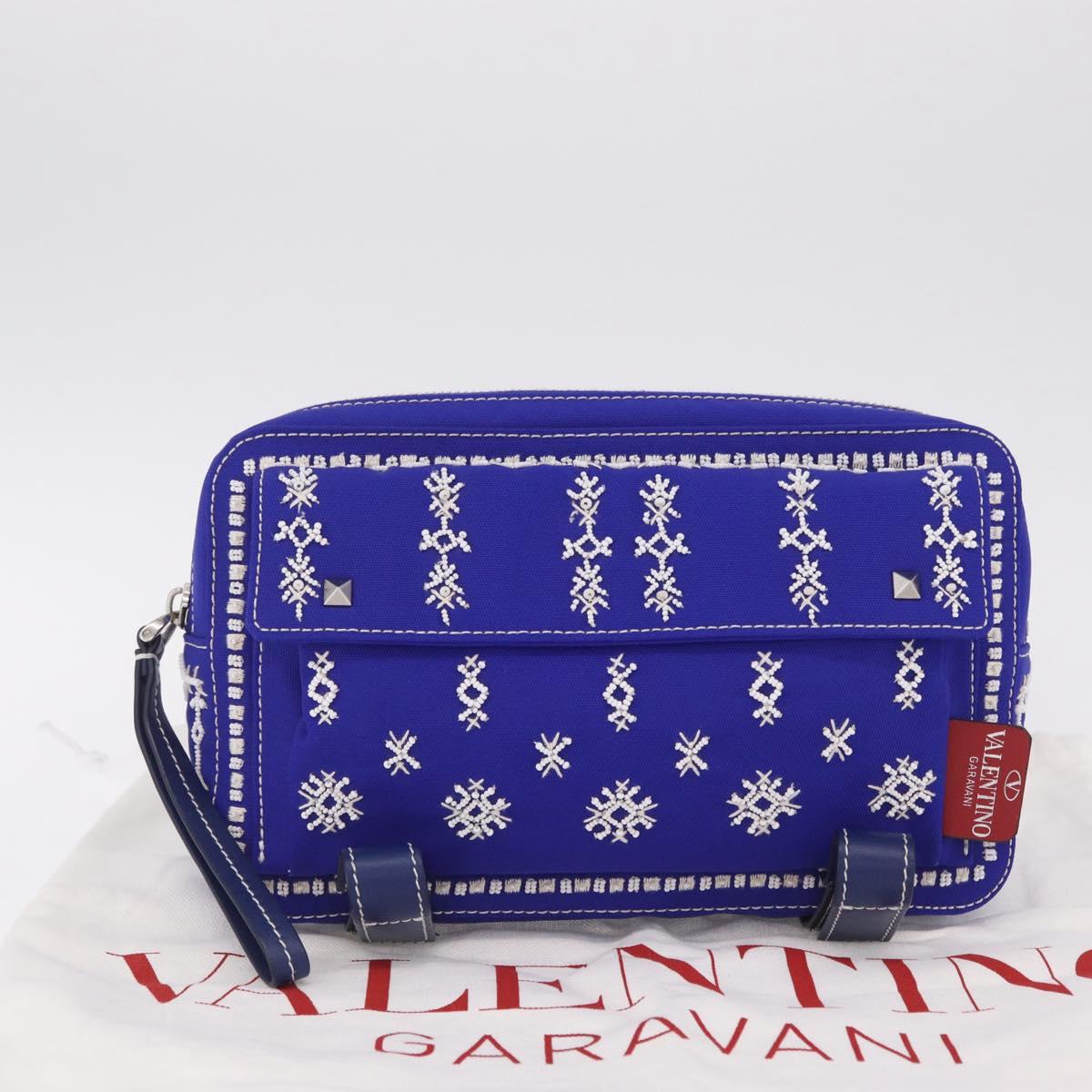 Valentino Shoulder Bag Canvas Blue Silver Auth BA16778V