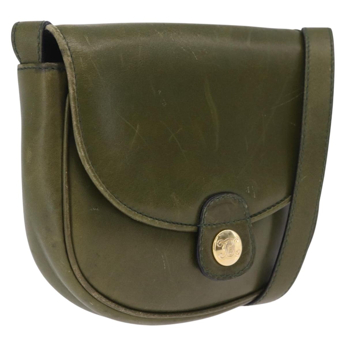 CELINE Shoulder Bag Leather Khaki Gold Tone Auth BA16784