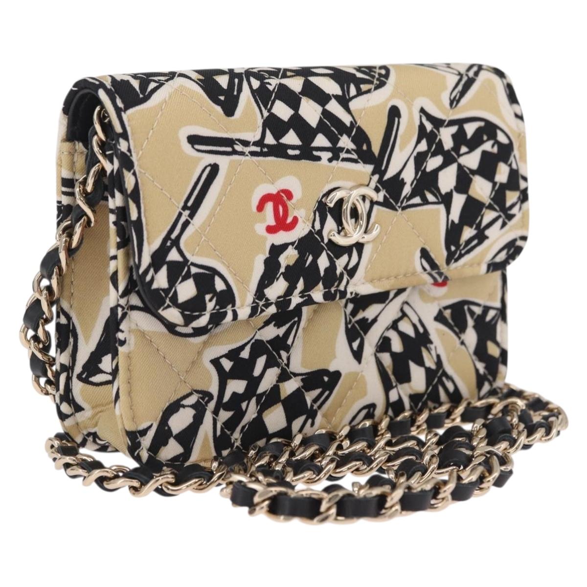 CHANEL Mini Matelasse Chain Shoulder Bag Canvas Beige Gold Tone CC Auth BA16785M