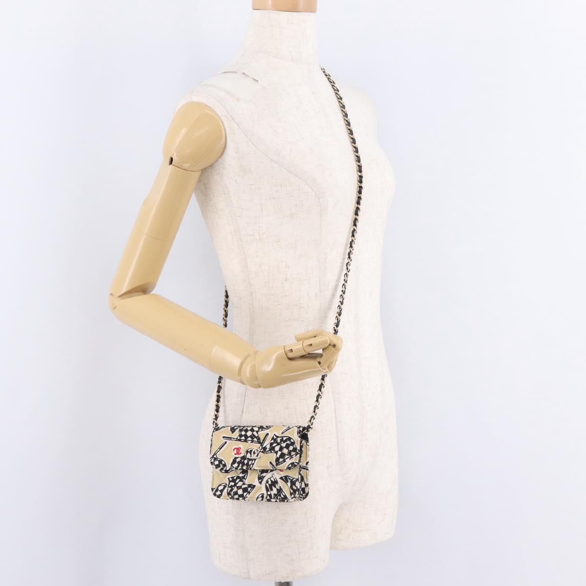 CHANEL Mini Matelasse Chain Shoulder Bag Canvas Beige Gold Tone CC Auth BA16785M