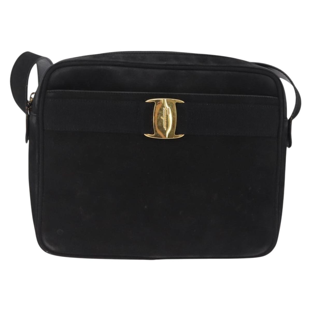 Salvatore Ferragamo Vala Shoulder Bag Suede Black Gold Tone Auth BA16787