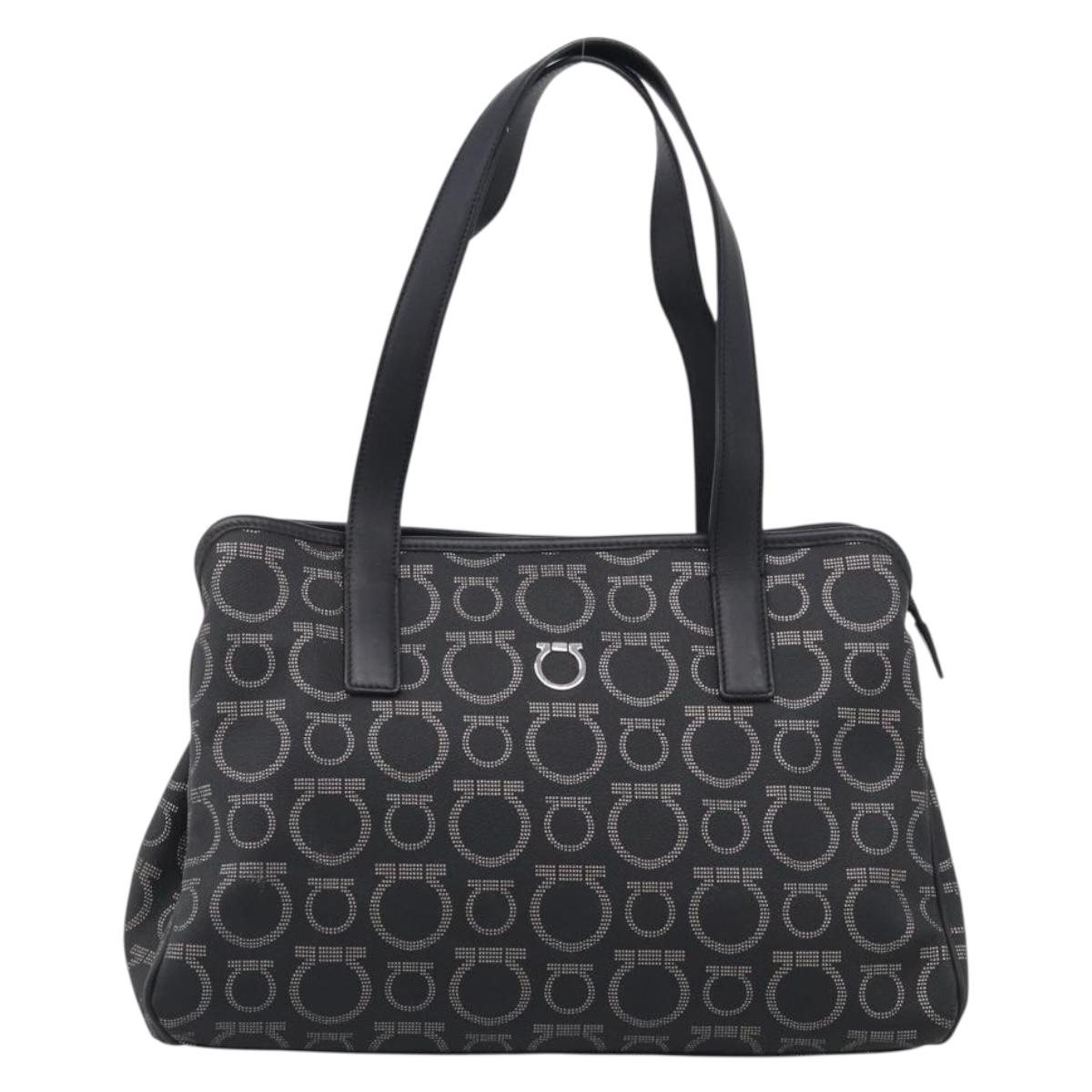 Salvatore Ferragamo Gancini Tote Bag PVC Leather Black Silver Auth BA16796V