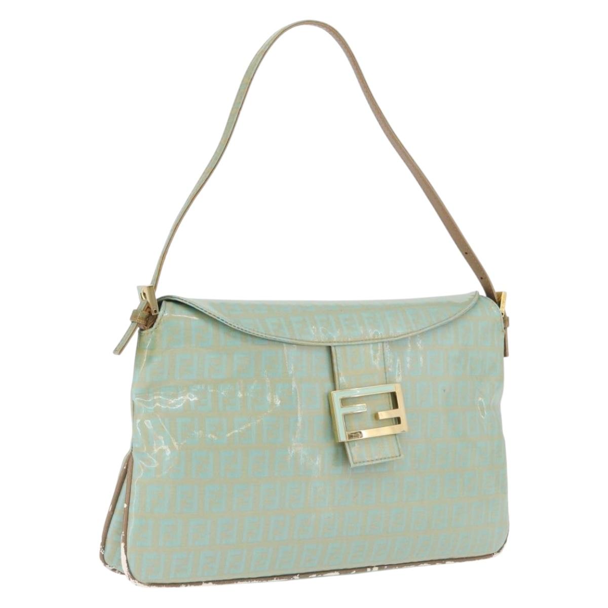 FENDI Zucchino Mamma Baguette Shoulder Bag PVC Mint Green Gold Tone Auth BA16812