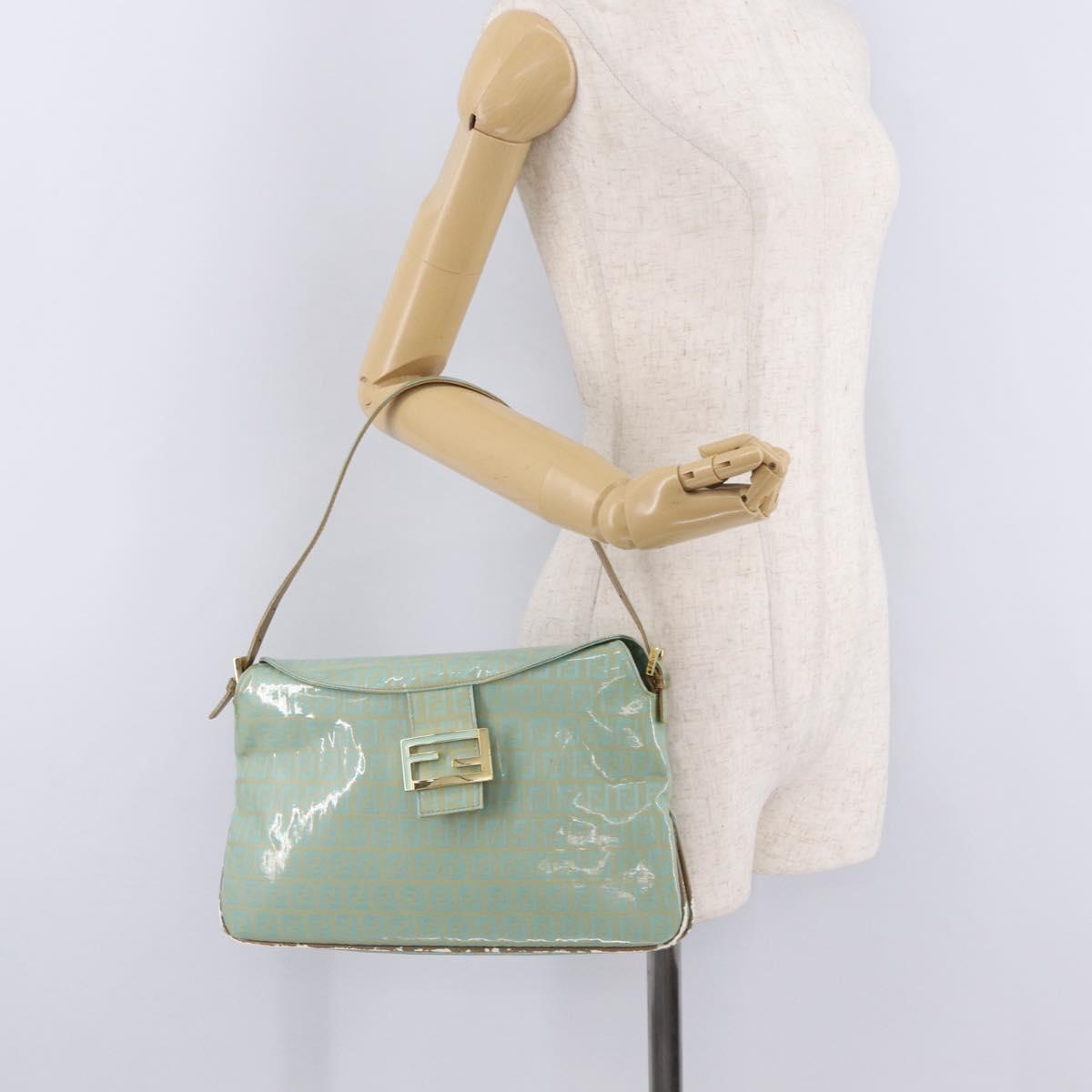 FENDI Zucchino Mamma Baguette Shoulder Bag PVC Mint Green Gold Tone Auth BA16812