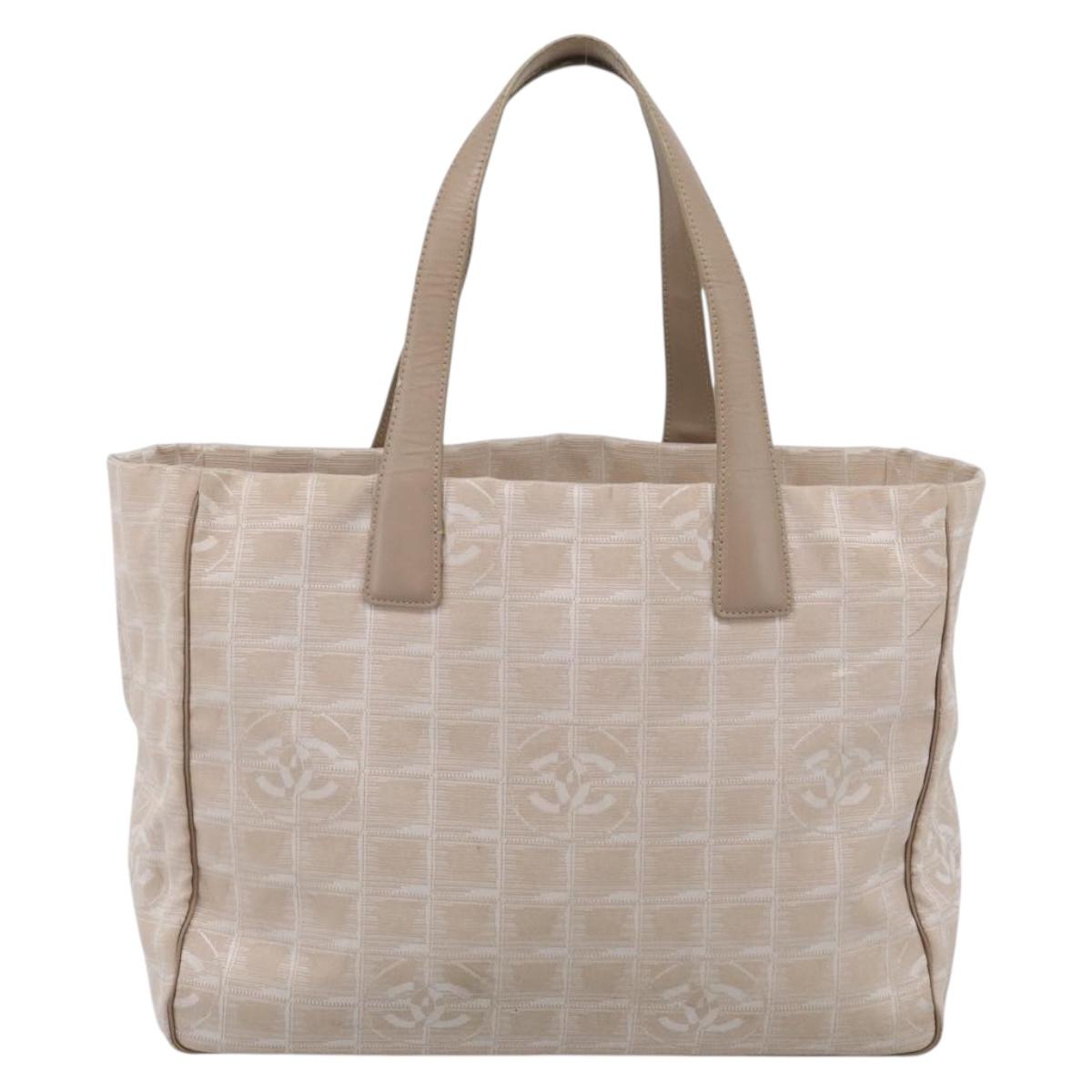 CHANEL New Travel Line Tote Bag Canvas Beige Gold Tone CC Auth BA16815