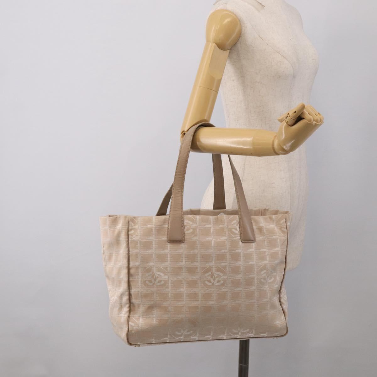 CHANEL New Travel Line Tote Bag Canvas Beige Gold Tone CC Auth BA16815