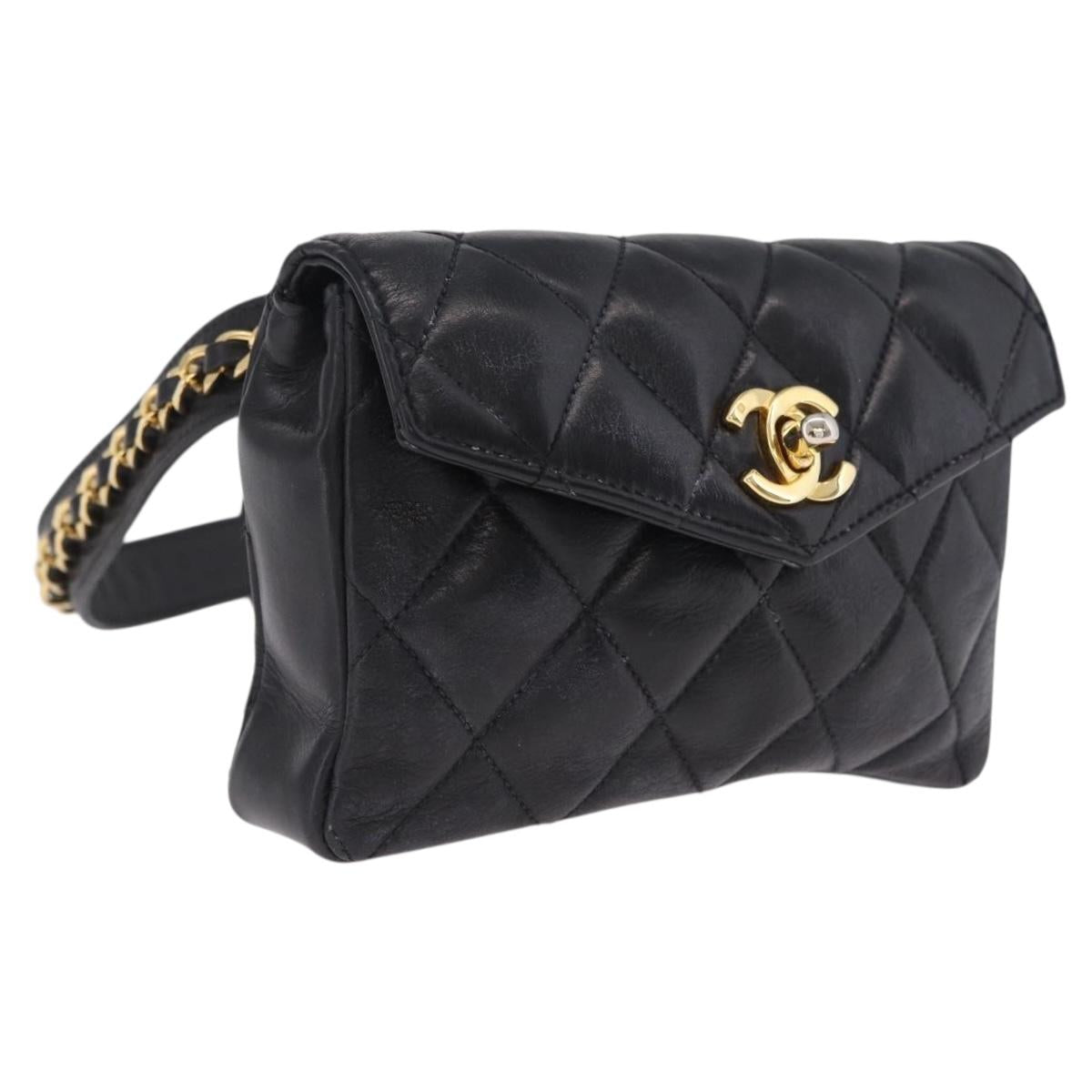 CHANEL Matelasse Chain Waist Bag Lamb Skin Black Gold Tone CC Auth BA16820