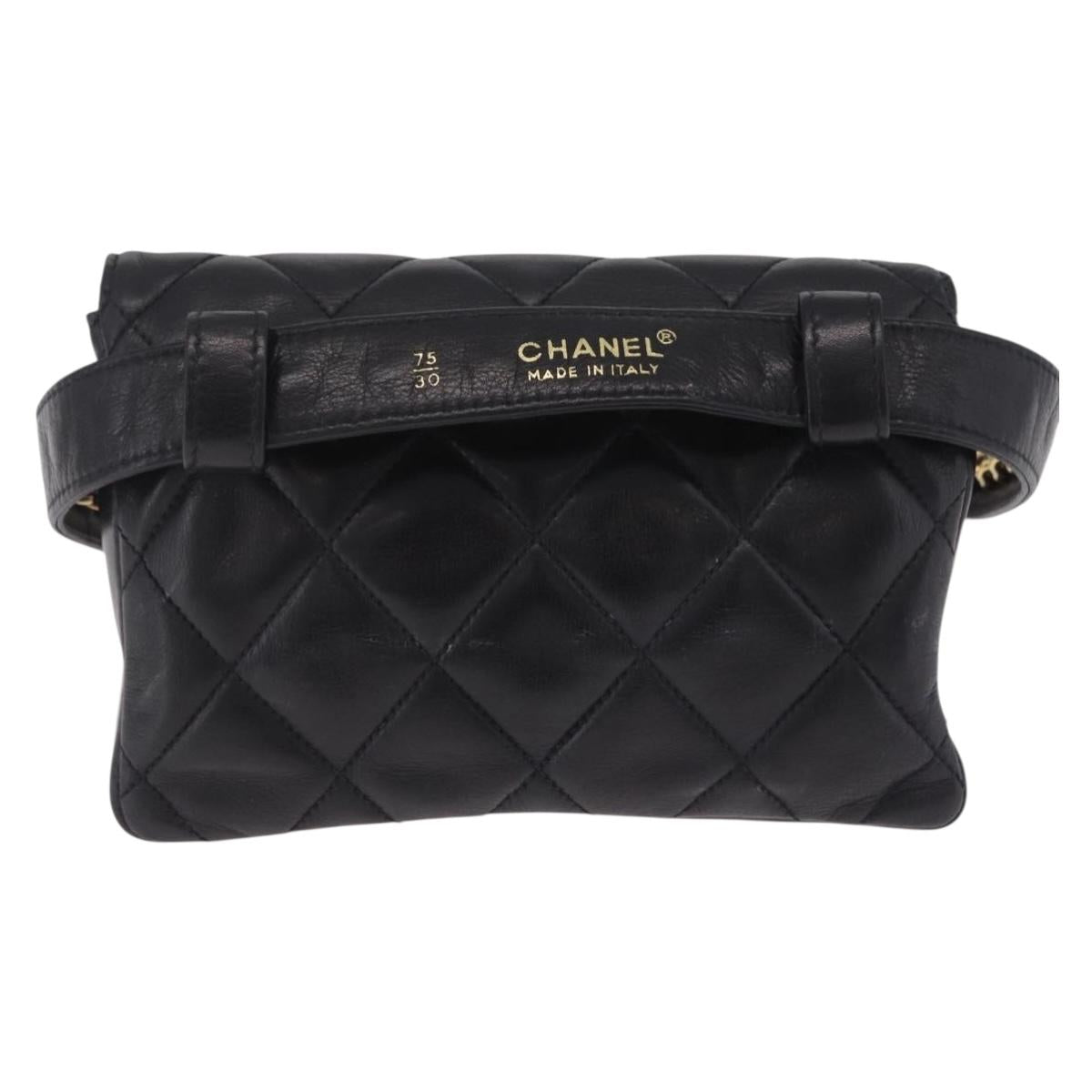 CHANEL Matelasse Chain Waist Bag Lamb Skin Black Gold Tone CC Auth BA16820