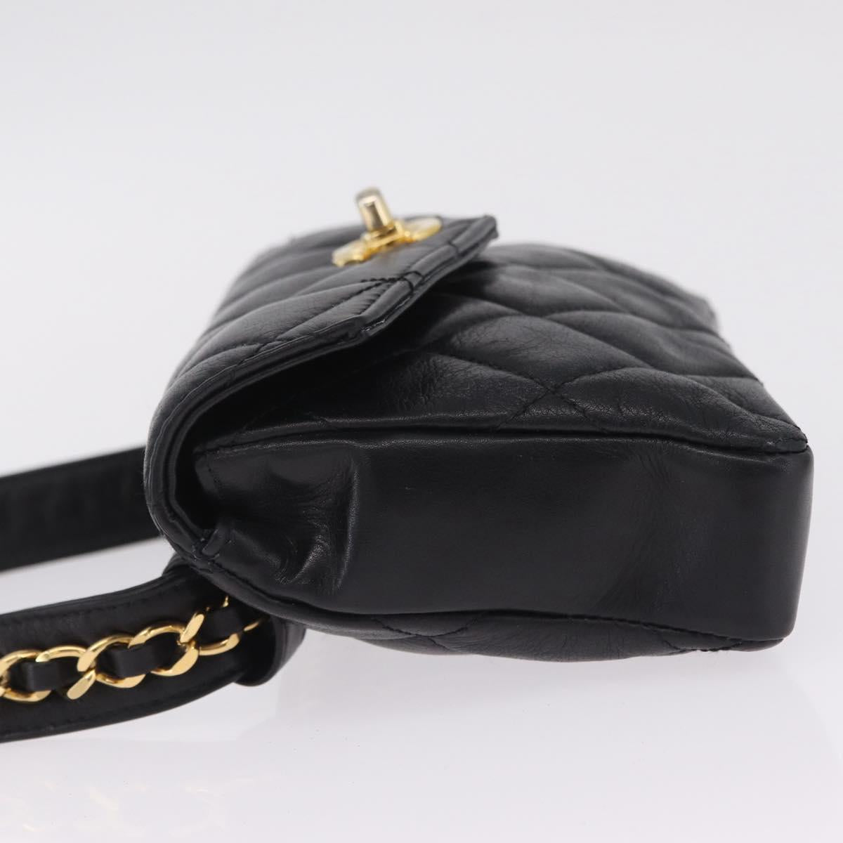 CHANEL Matelasse Chain Waist Bag Lamb Skin Black Gold Tone CC Auth BA16820
