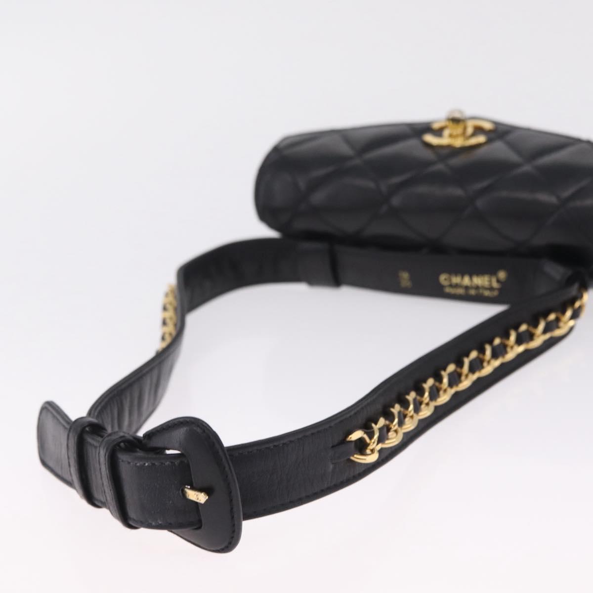 CHANEL Matelasse Chain Waist Bag Lamb Skin Black Gold Tone CC Auth BA16820