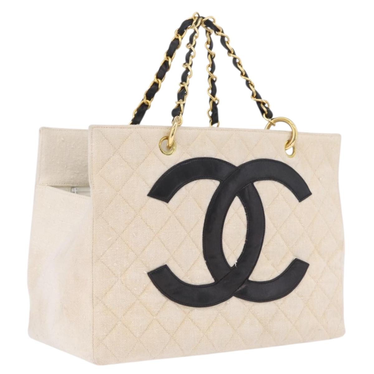 CHANEL Matelasse Chain Tote Bag Canvas Ivory Gold Tone CC Auth BA16821