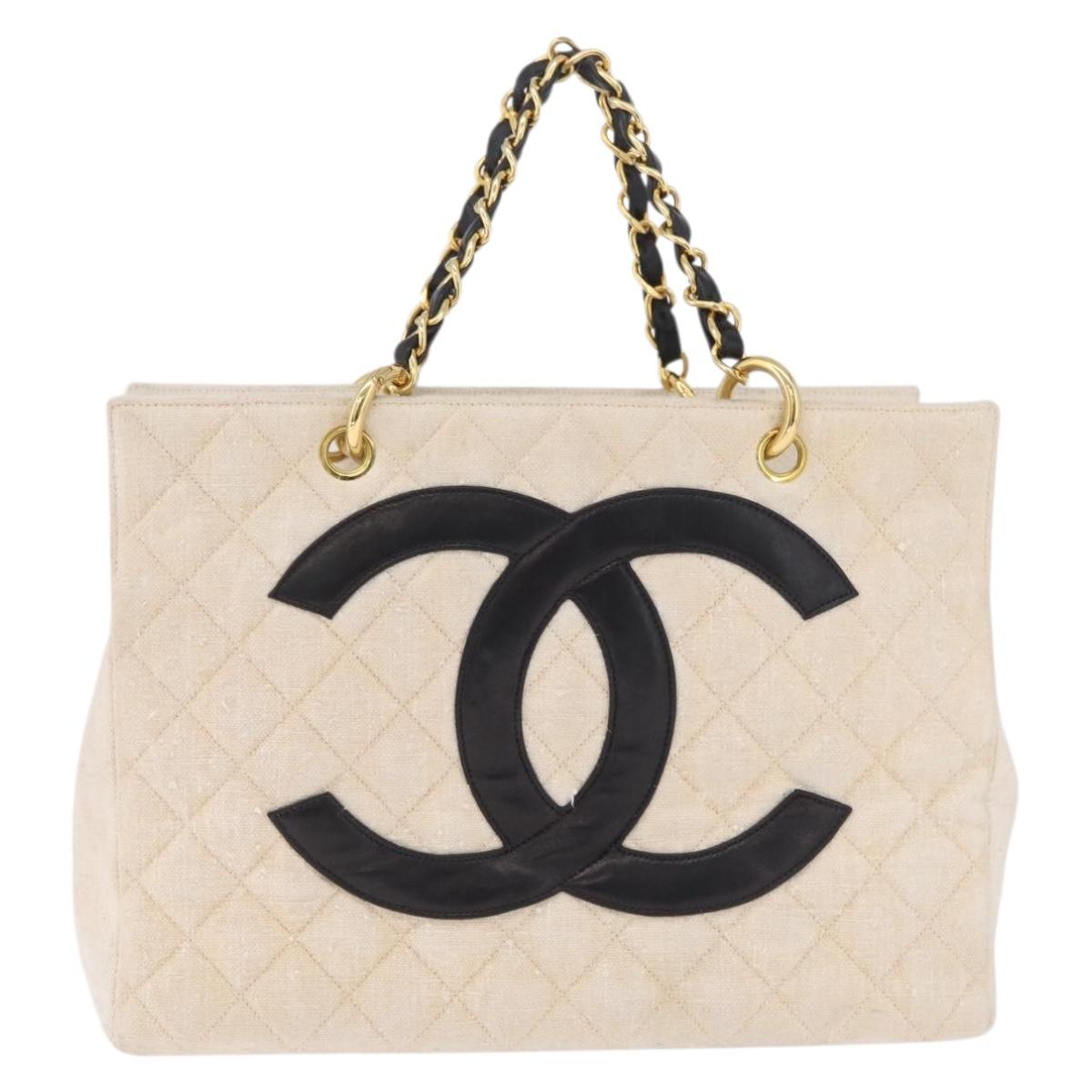 CHANEL Matelasse Chain Tote Bag Canvas Ivory Gold Tone CC Auth BA16821