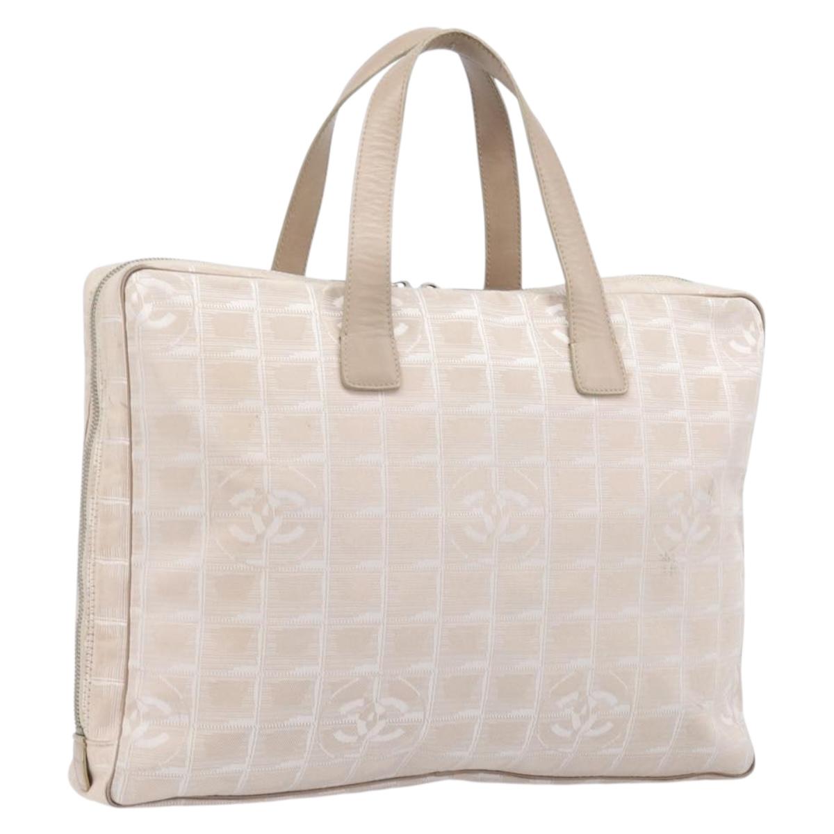 CHANEL New Travel Line Hand Bag Canvas Beige Silver CC Auth BA16834