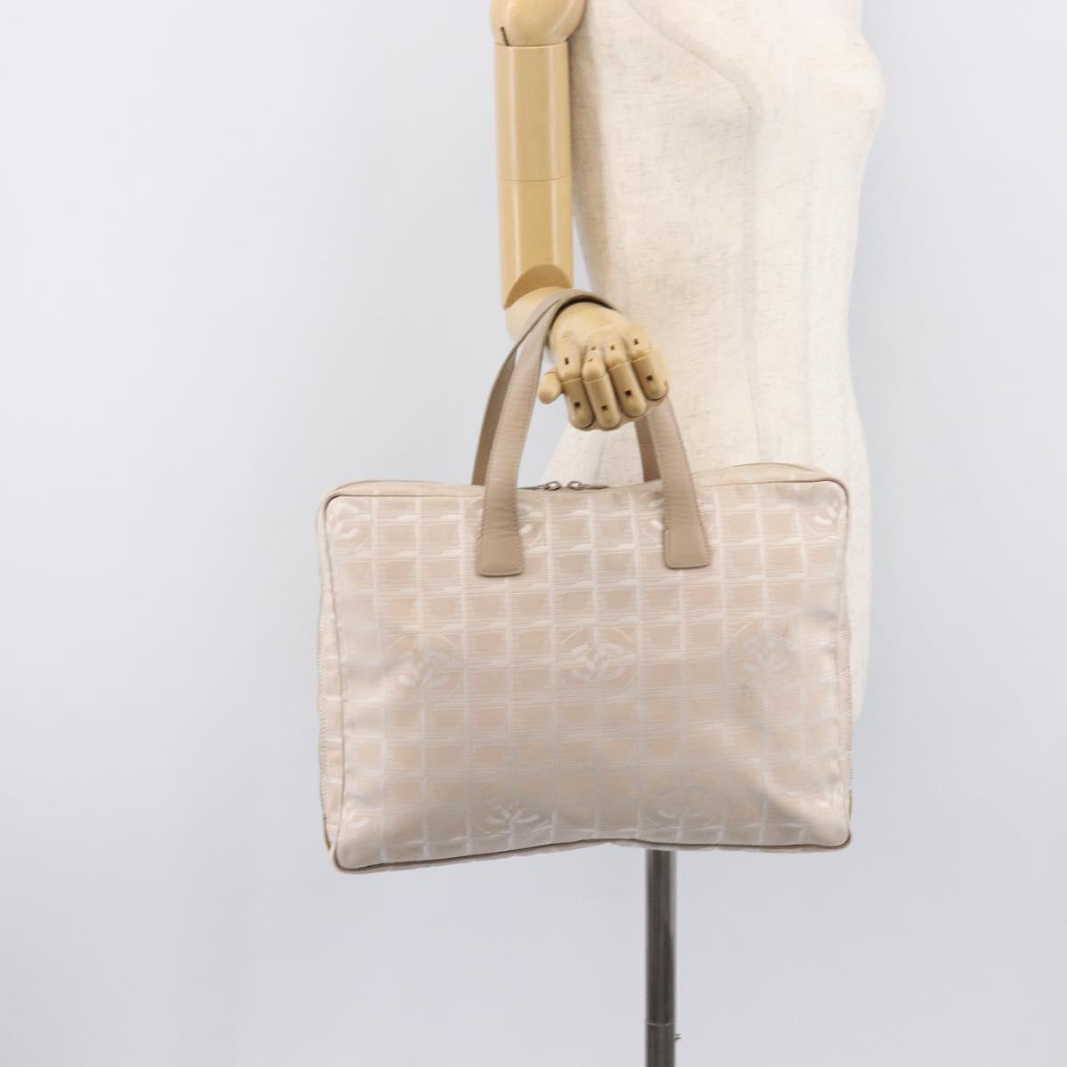 CHANEL New Travel Line Hand Bag Canvas Beige Silver CC Auth BA16834