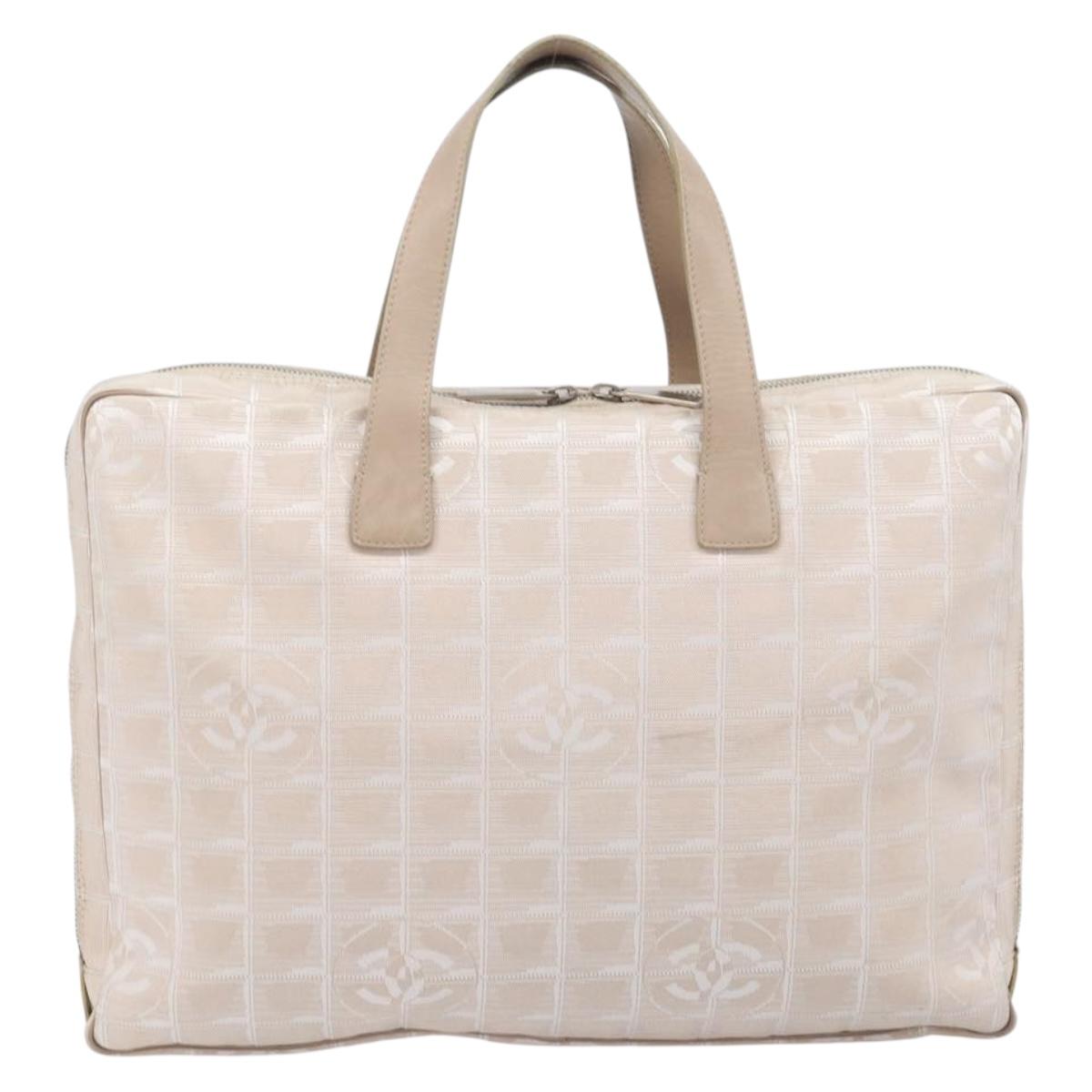 CHANEL New Travel Line Hand Bag Canvas Beige Silver CC Auth BA16834