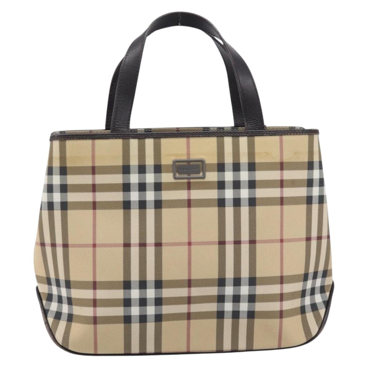 BURBERRY Nova Check Hand Bag PVC Leather Beige Silver Auth BA16839