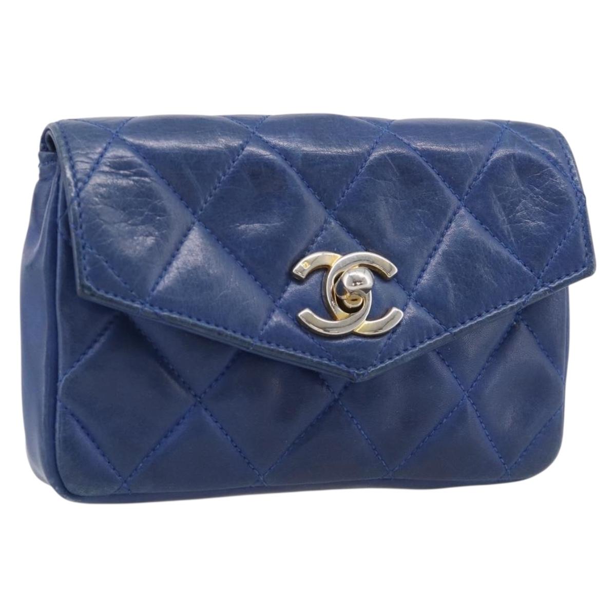 CHANEL Matelasse Waist Bag Lamb Skin Blue Gold Tone CC Auth BA16842