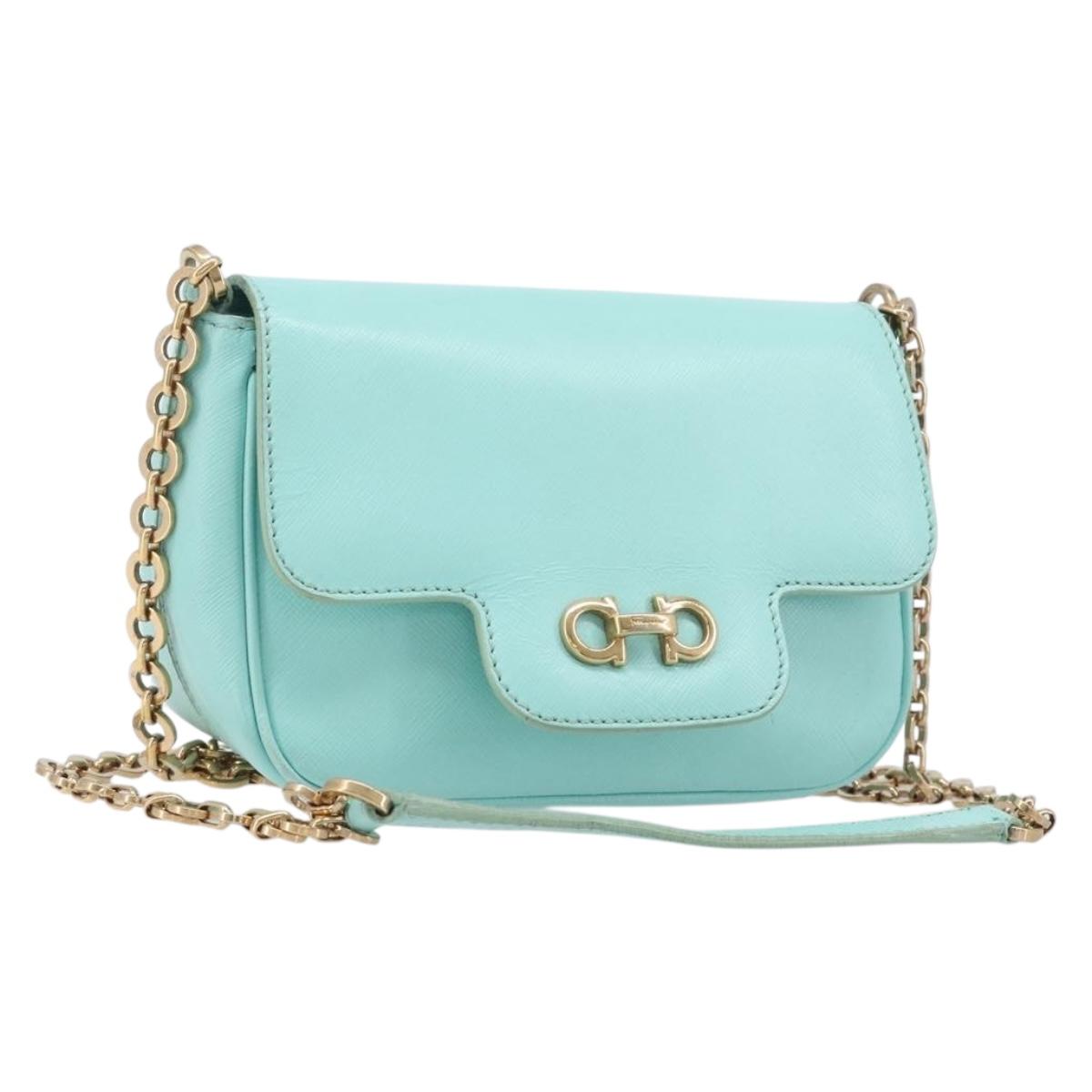 Salvatore Ferragamo Gancini Chain Shoulder Bag Leather Light Blue Auth BA16843A
