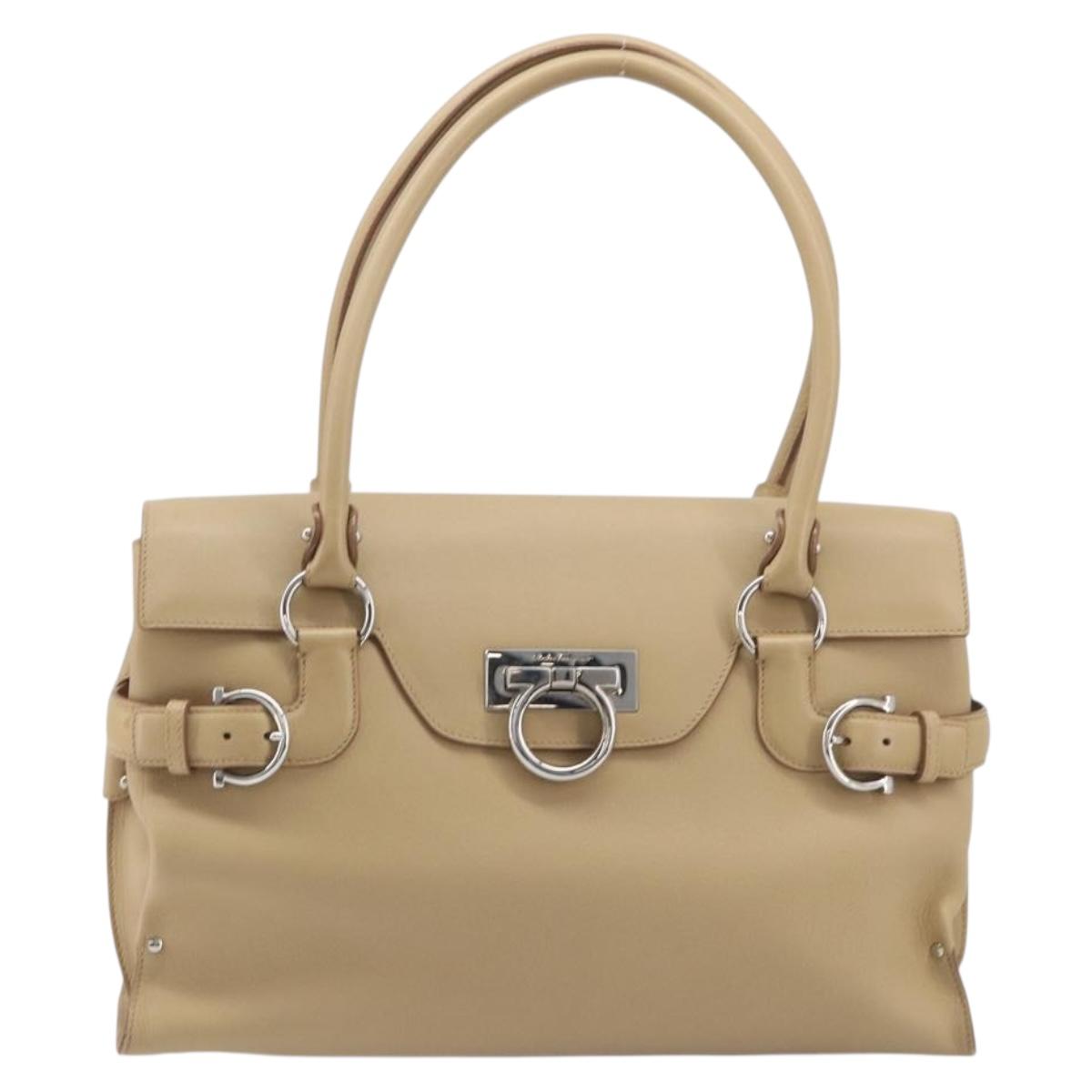 Salvatore Ferragamo Gancini Hand Bag Leather Beige Silver Auth BA16845A