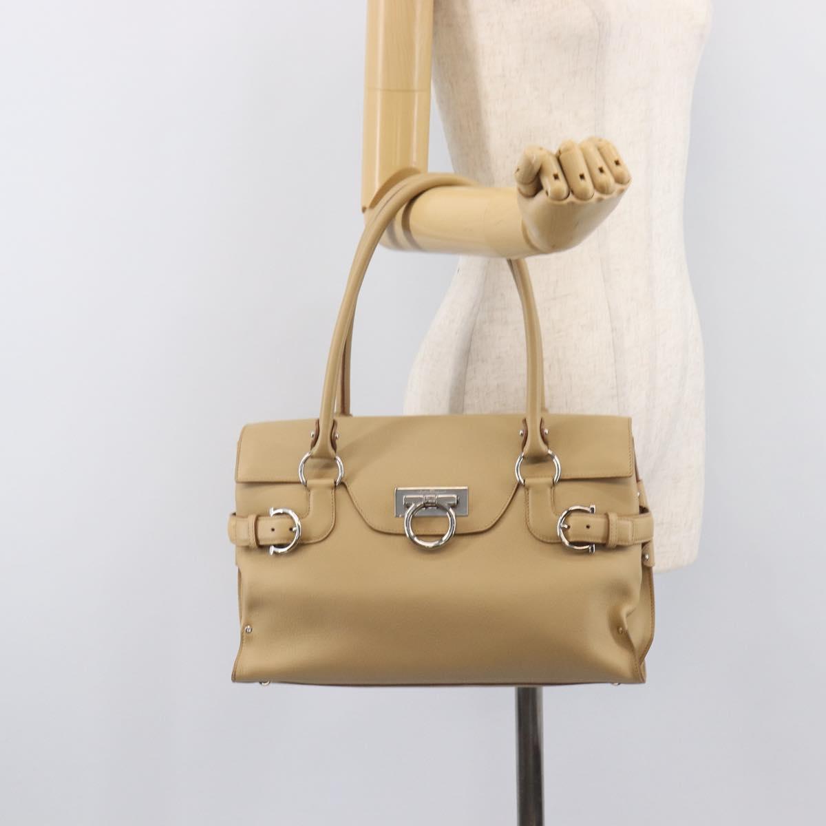 Salvatore Ferragamo Gancini Hand Bag Leather Beige Silver Auth BA16845A