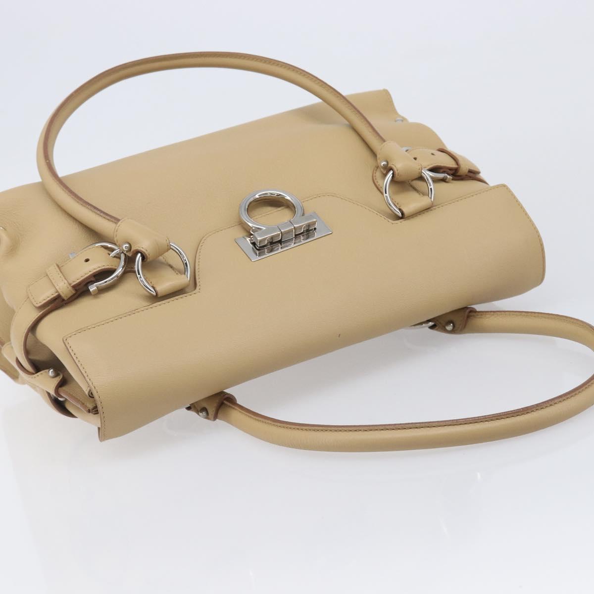 Salvatore Ferragamo Gancini Hand Bag Leather Beige Silver Auth BA16845A