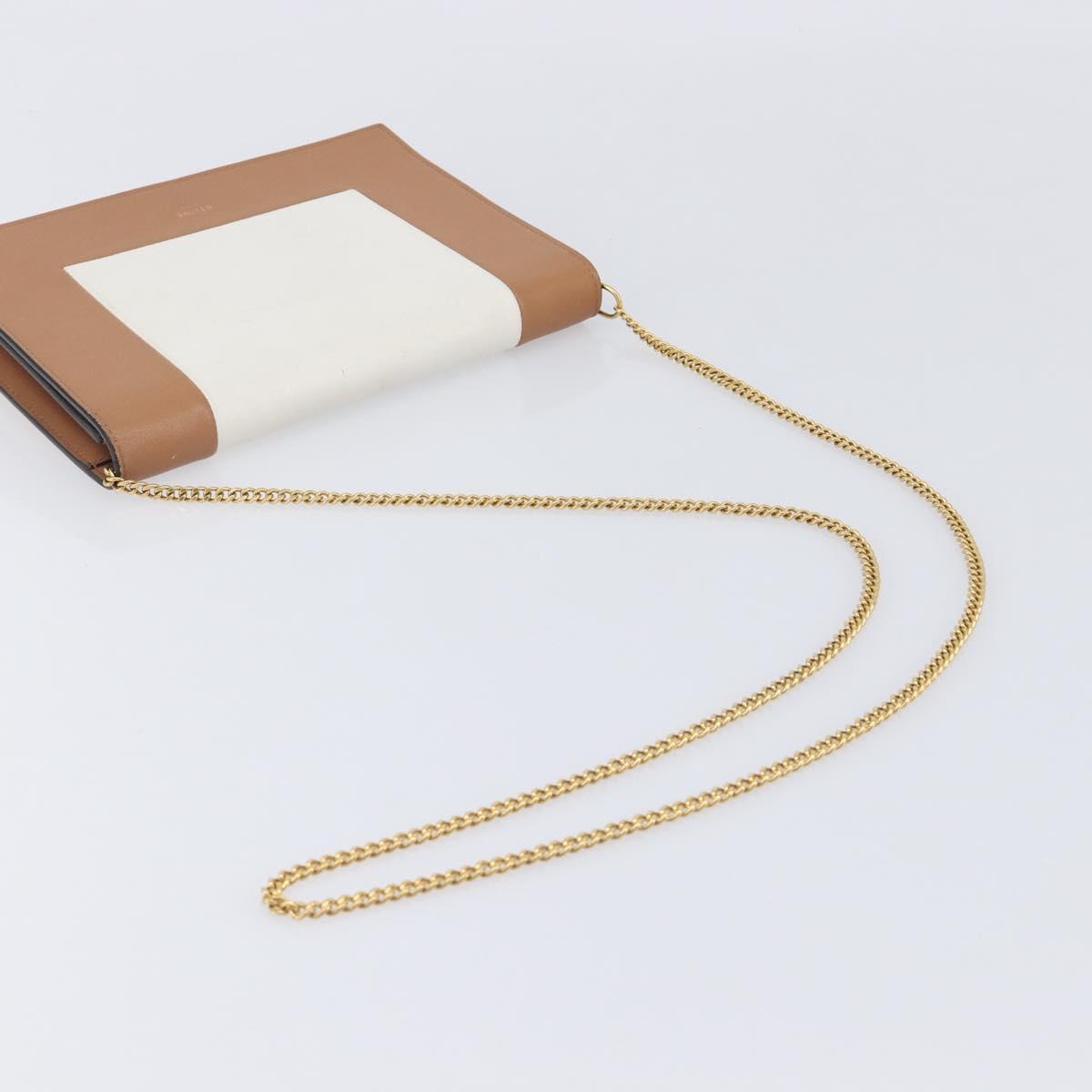 CELINE Frame Evening Clutch Shoulder Bag Leather Beige Gold Tone Auth BA16846A