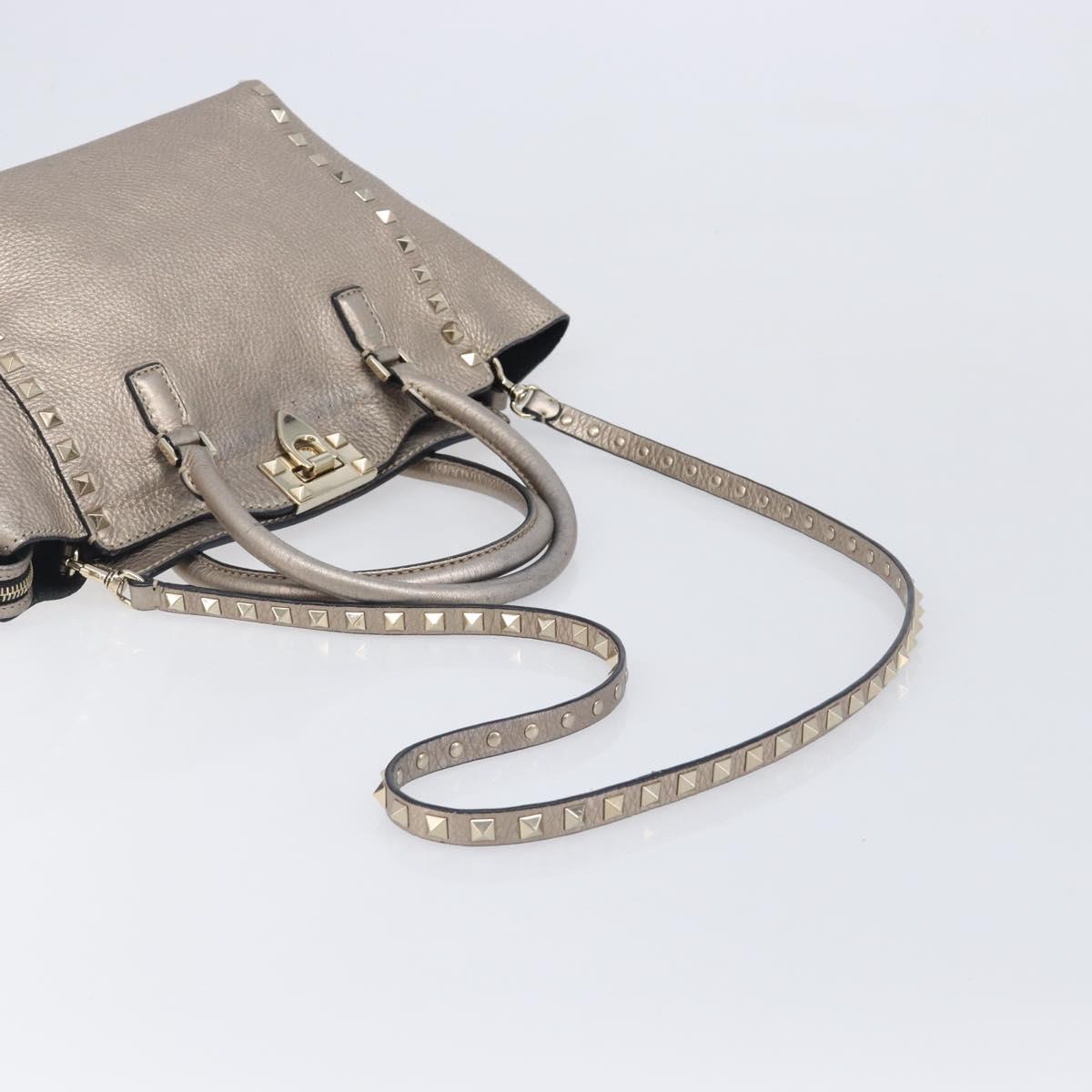 Valentino Rock Studs Hand Bag Leather 2way Gold Auth BA16848