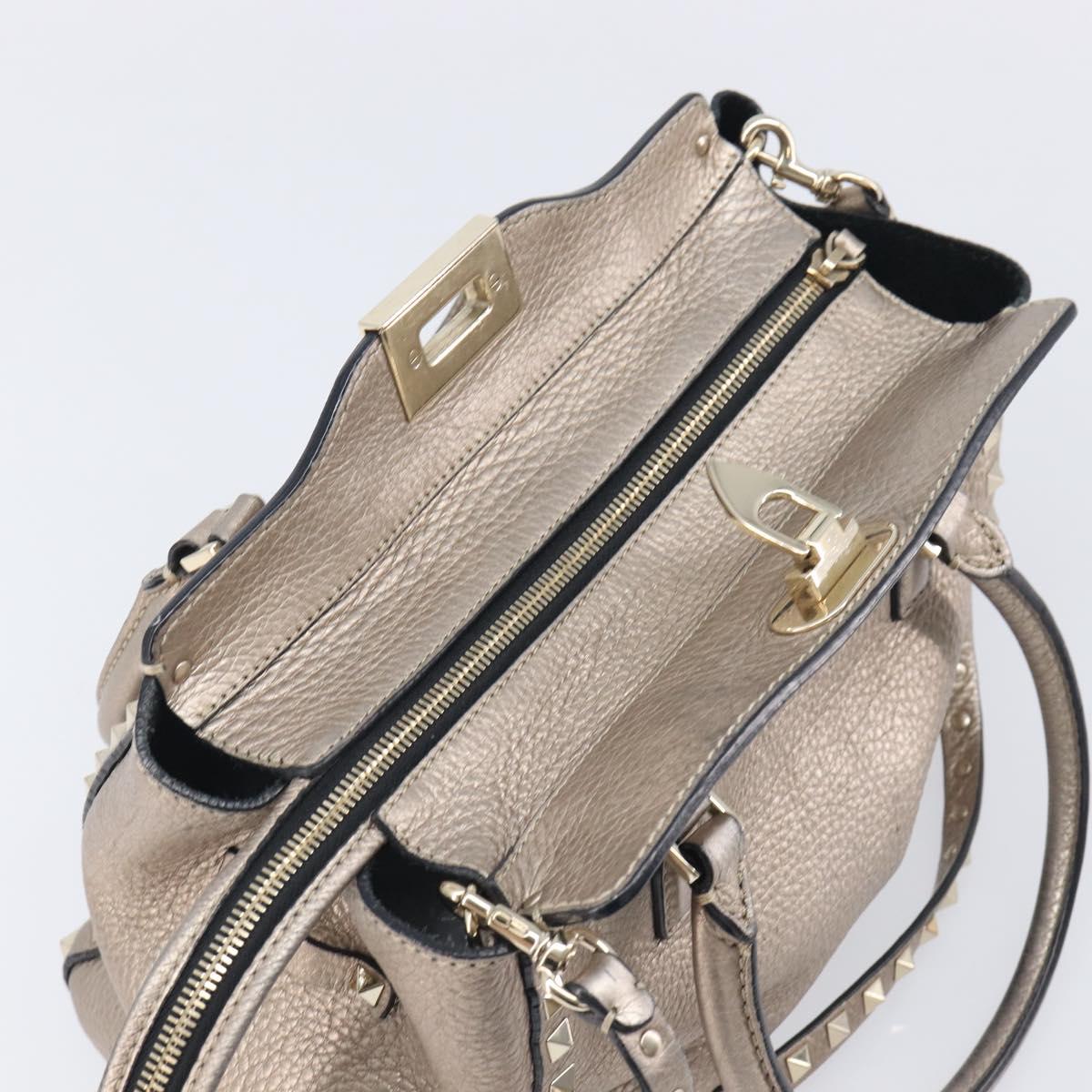 Valentino Rock Studs Hand Bag Leather 2way Gold Auth BA16848