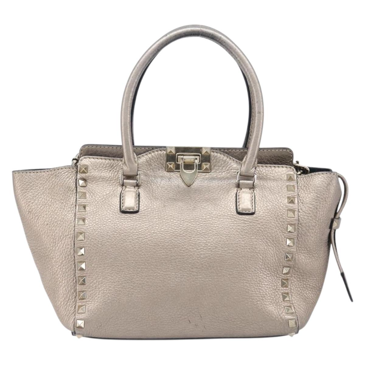 Valentino Rock Studs Hand Bag Leather 2way Gold Auth BA16848
