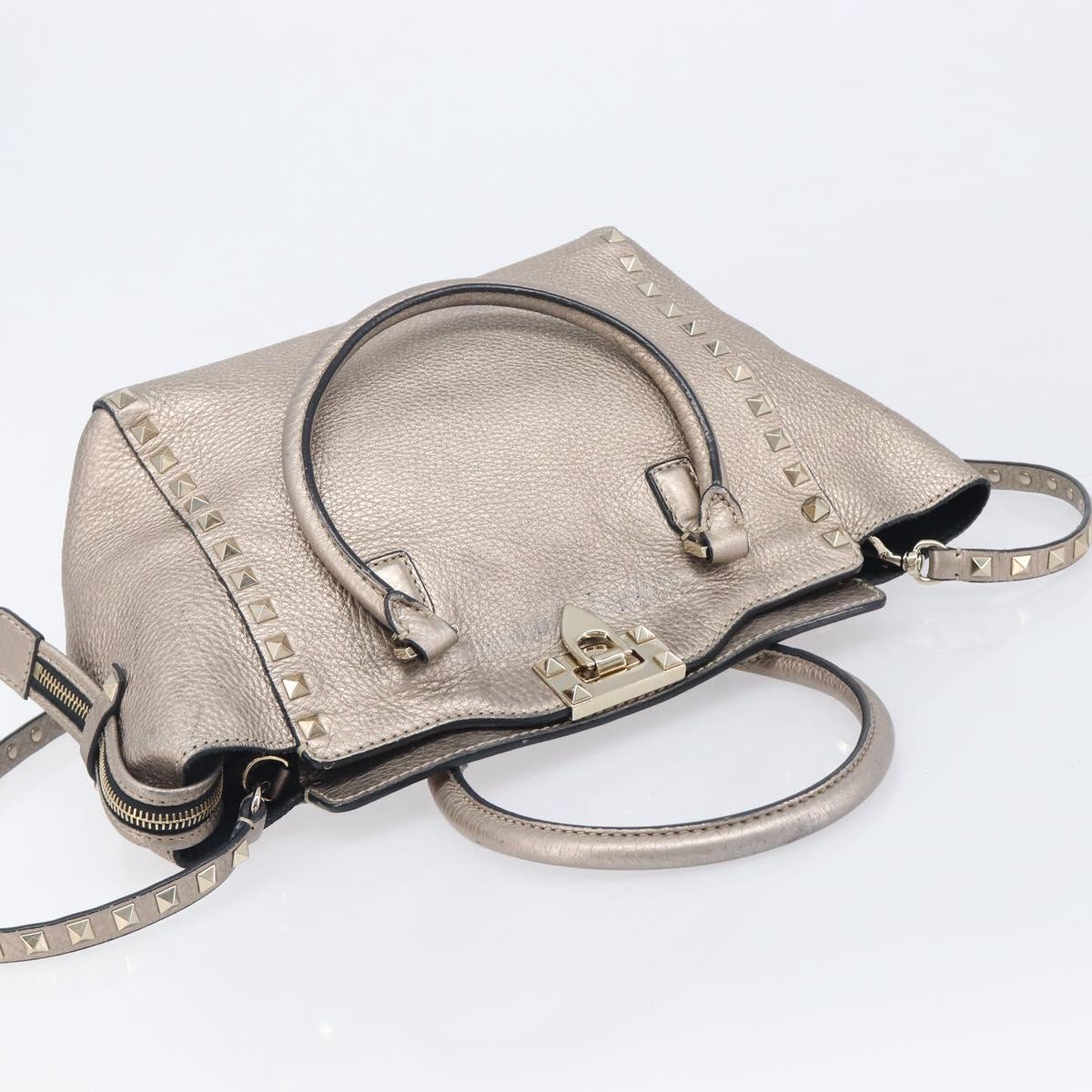 Valentino Rock Studs Hand Bag Leather 2way Gold Auth BA16848