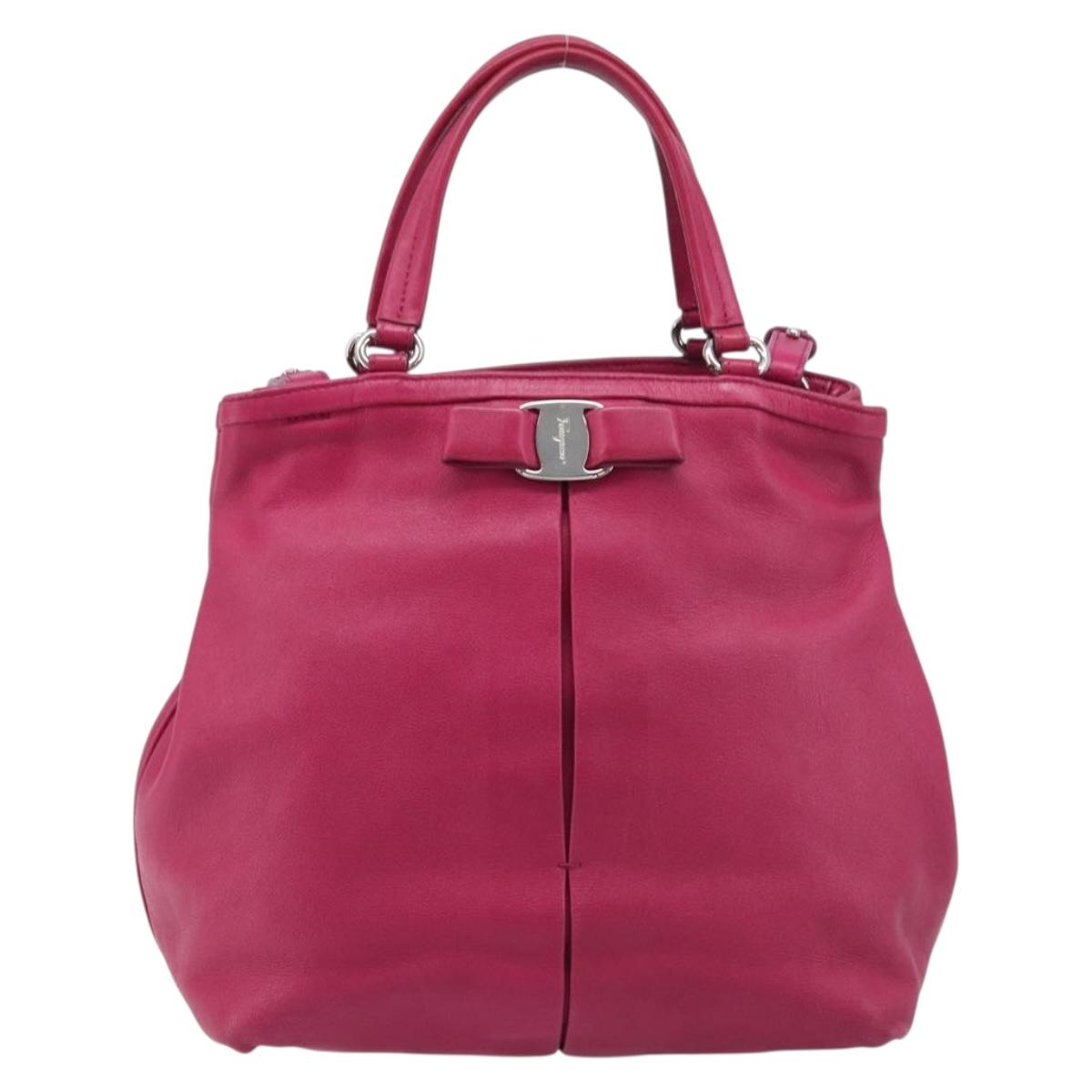 Salvatore Ferragamo Vala Hand Bag Leather 2way Pink Silver Auth BA16849A