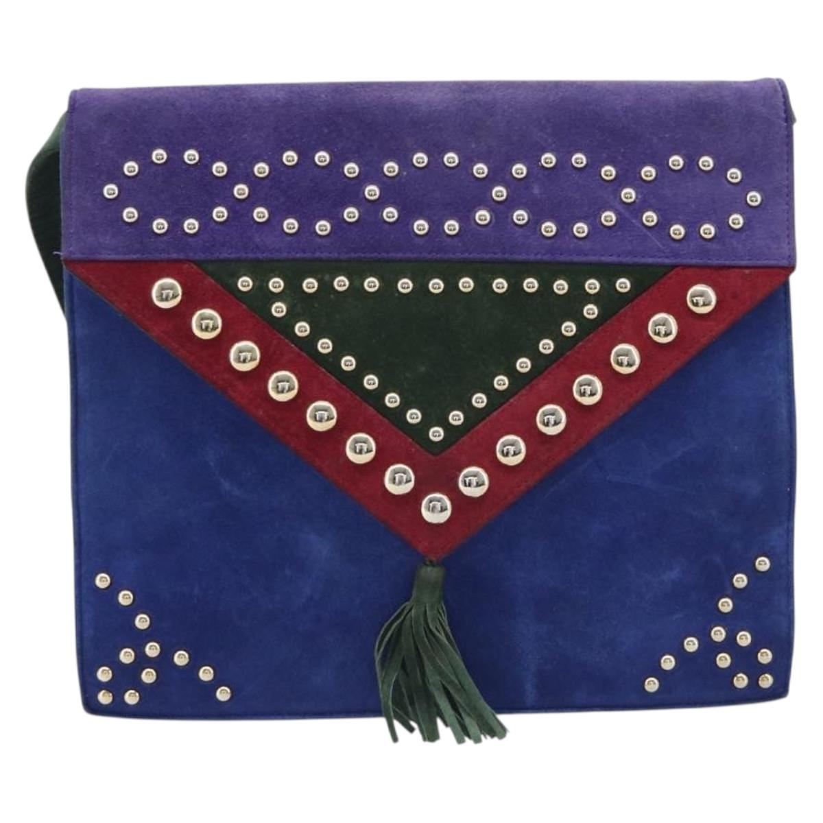 Saint Laurent Studs Shoulder Bag Suede Blue Gold Tone Auth BA16851