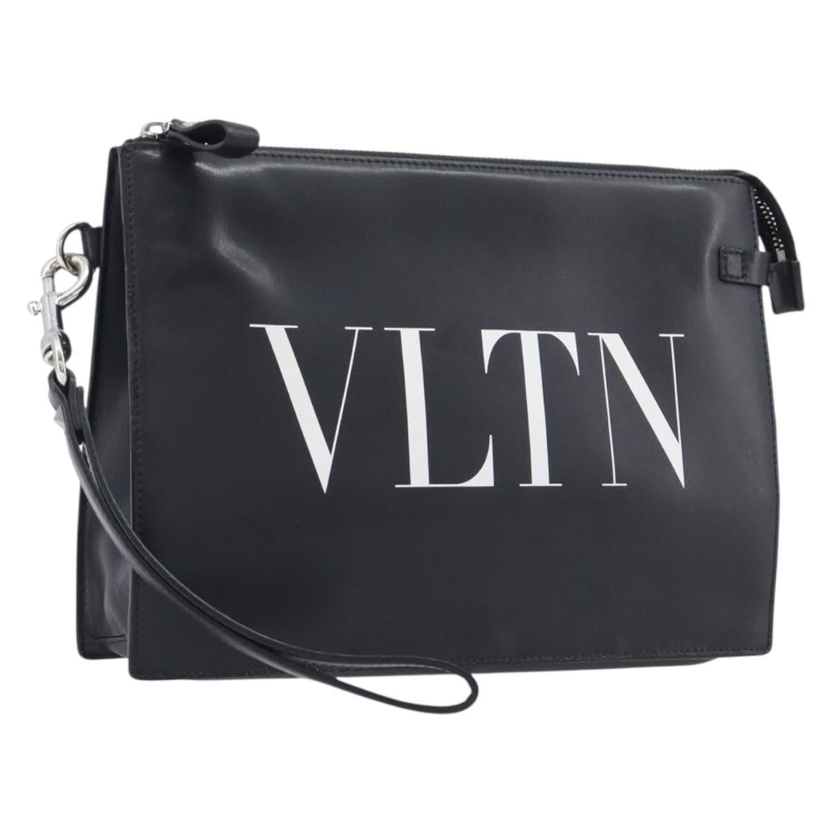 Valentino Clutch Bag Leather Black Silver Auth BA16865