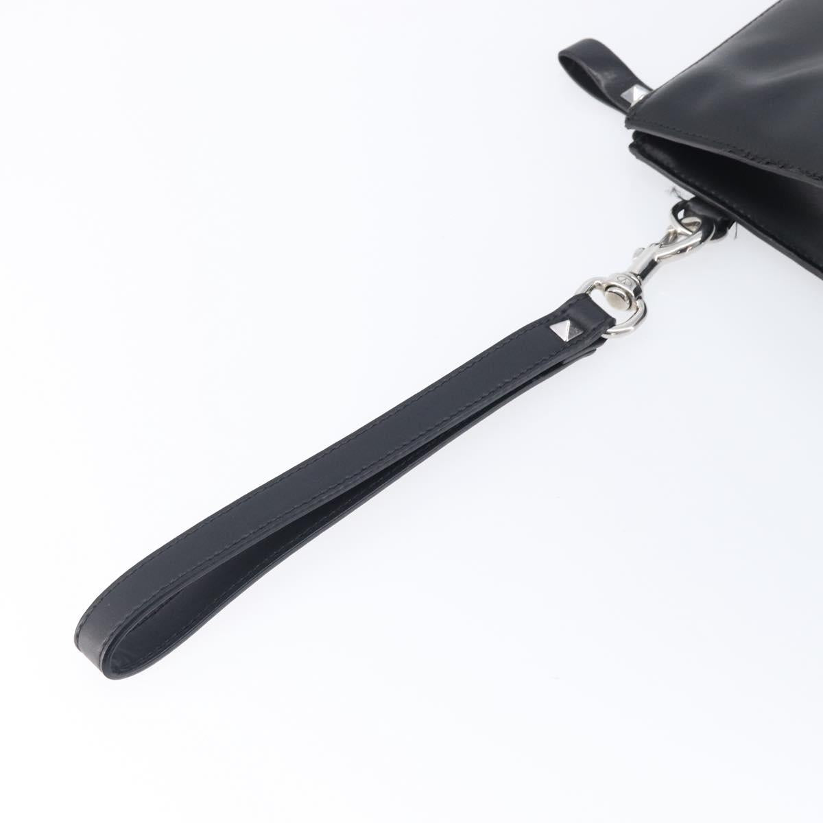 Valentino Clutch Bag Leather Black Silver Auth BA16865