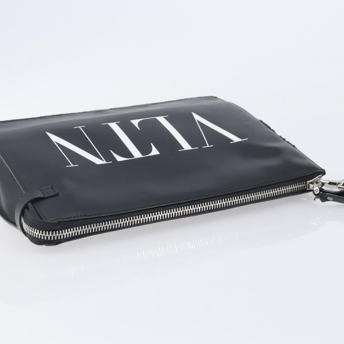 Valentino Clutch Bag Leather Black Silver Auth BA16865