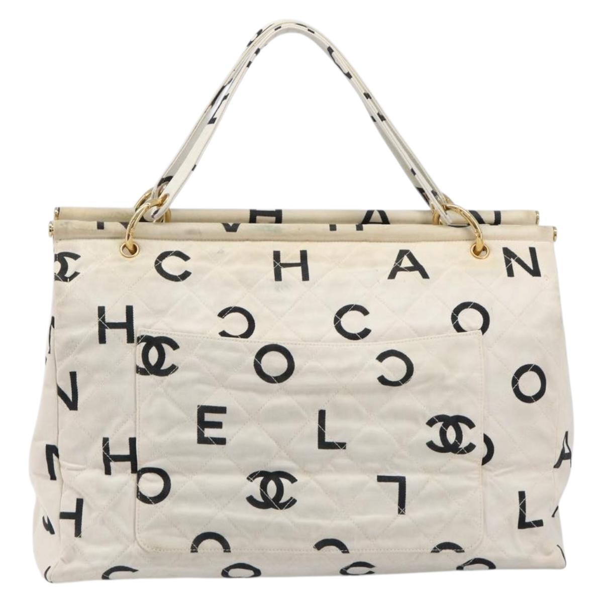 CHANEL Matelasse Tote Bag Canvas White Gold Tone CC Auth BA16870